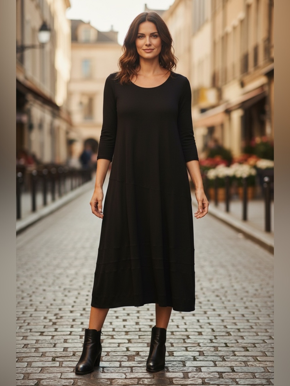 Eileen Fisher Black Maxi Swing Dress with 3/4 Sleeves